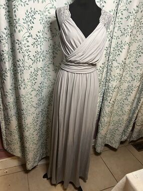 Amazon Light Gray Lace-Shoulder Wrap Maxi Dress